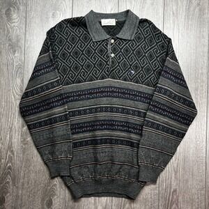 Arnold Palmer Vintage Mens Grey Geometric Knit Long Sleeve Polo Sweater Small